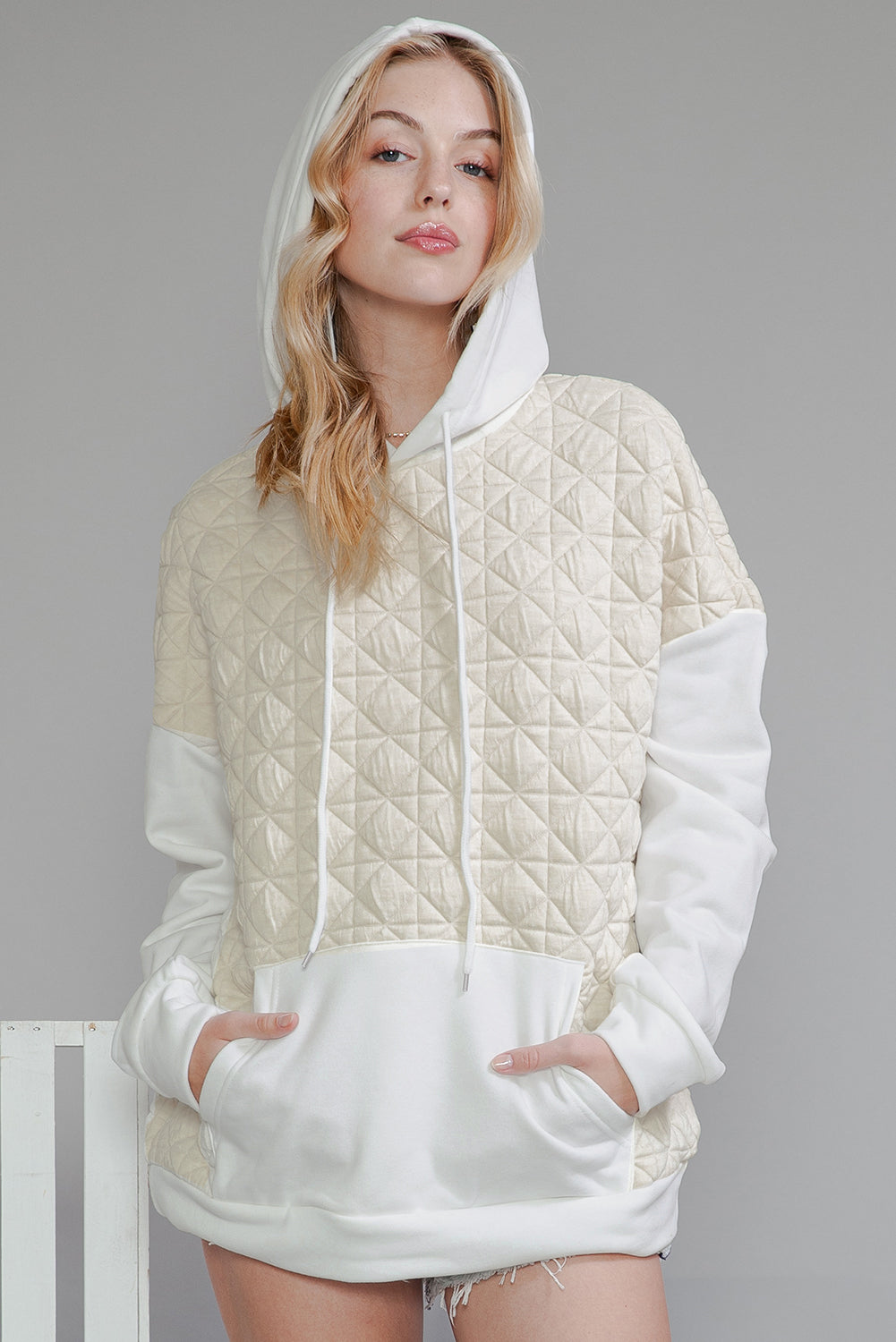 Light Grey Drop Shoulder Kangaroo Pocket Patchwork Quilted Hoodie