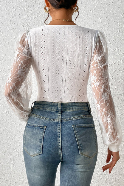 White Eyelet Contrast Lace Bishop Sleeve Bodysuit