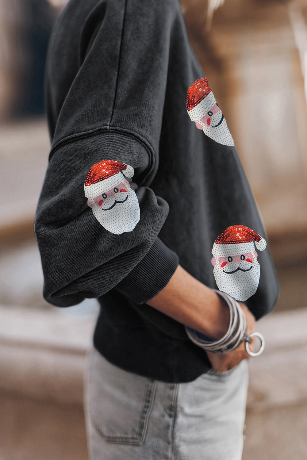 Black Washed Graphic Sequins Santa Claus Christmas Sweatshirt