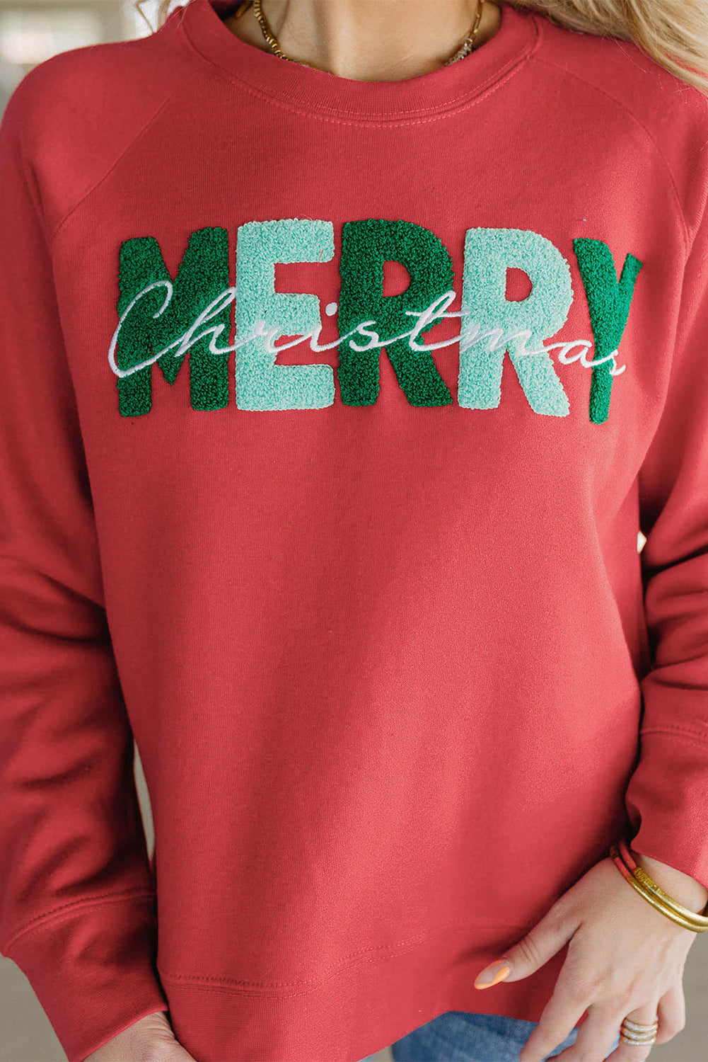 Red Chenille MERRY Christmas Raglan Sleeve Graphic Sweatshirt