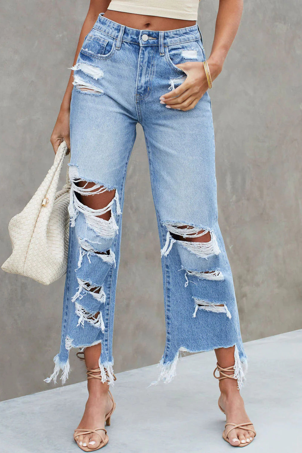 Sky Blue Heavy Destroyed Raw Hem Wide Leg Jeans