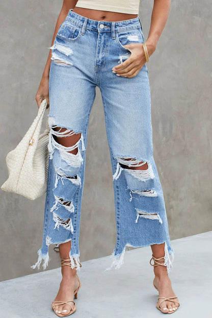 Sky Blue Heavy Destroyed Raw Hem Wide Leg Jeans