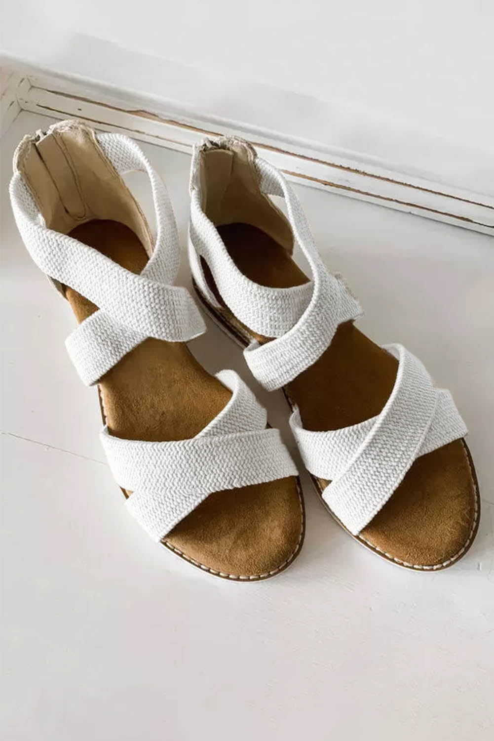 Beige Criss Cross Strappy Zipped Low Wedge Sandals