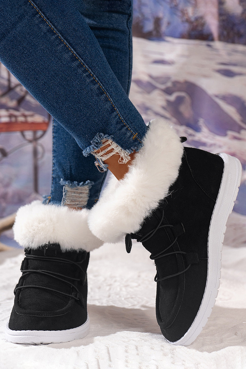 Dark Grey Suede Square Toe Plush Lined Drawstring Ankle Boots