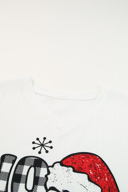 White HOHOHO Christmas Pattern Ribbed Drop Sleeve Top