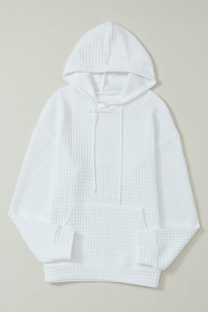 White Lattice Textured Kangaroo Pocket Drawstring Hoodie