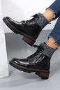 Black Knitted Patched Lace Up Heeled Ankle Boots