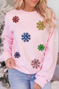 Pink Christmas Sequin Snowflake Graphic Pullover Sweatshirt