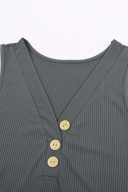 Button V Neck Casual Navy Blue Rib-Knit Tank Top for Women