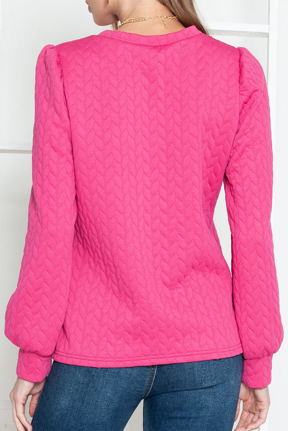 Light Pink Waffle Quilted Puff Sleeve Sweatshirt