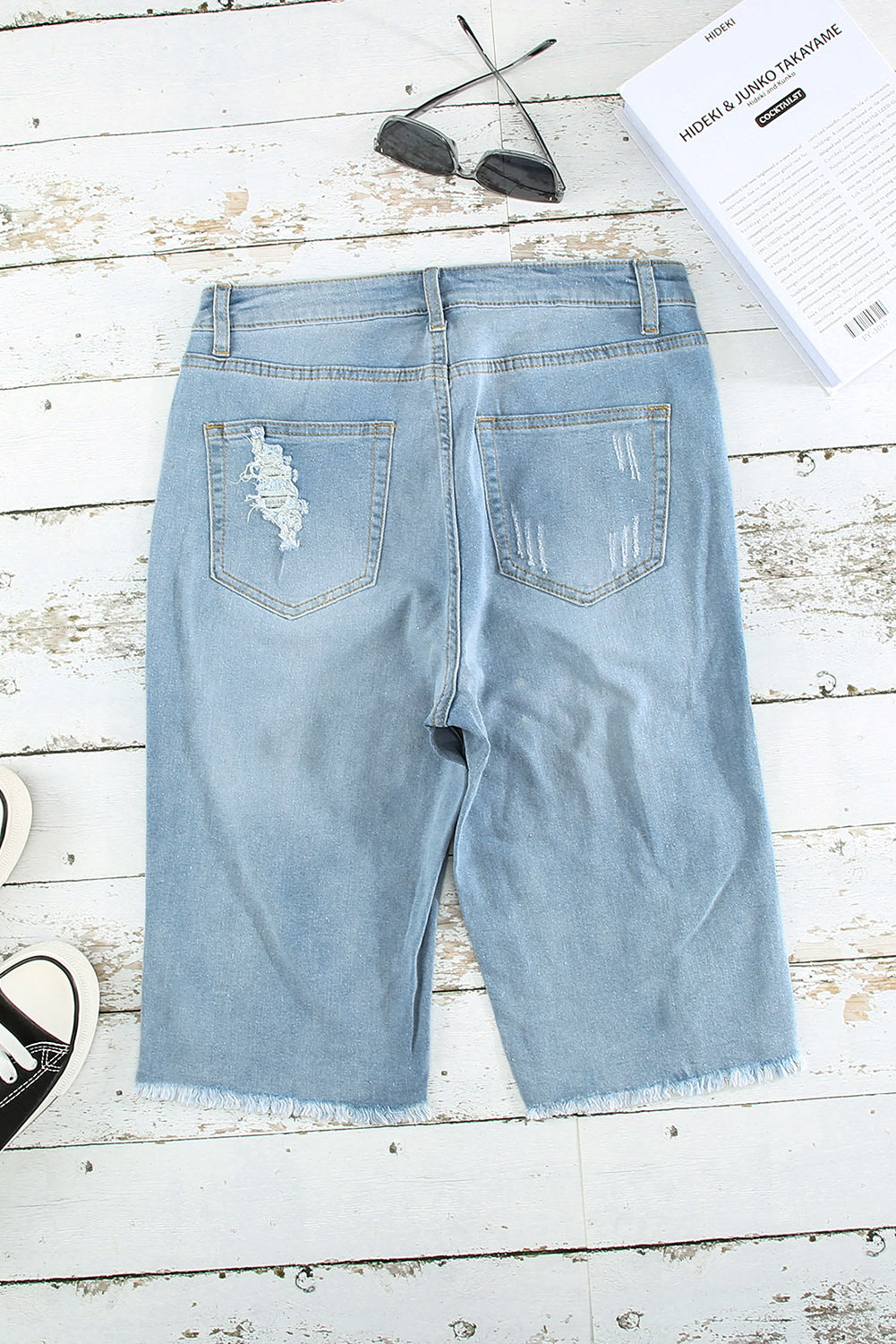 Light Blue Distressed Ripped Denim Bermuda Shorts