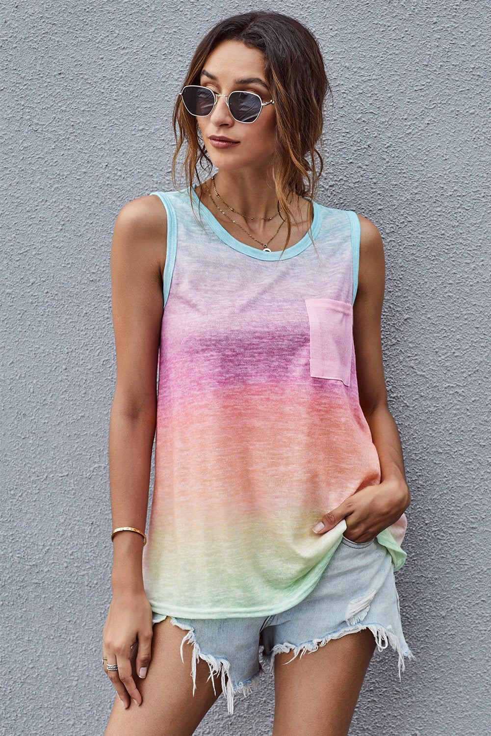 Pink & Blue Tie Dye Front Pocket Sleeveless Tank Top