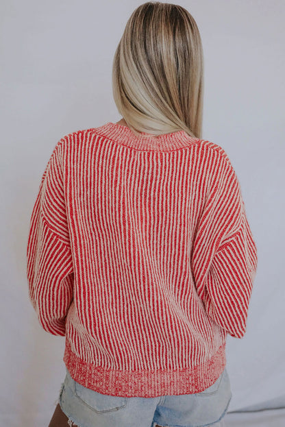 Red Casual Stripe Print Round Neck Sweater
