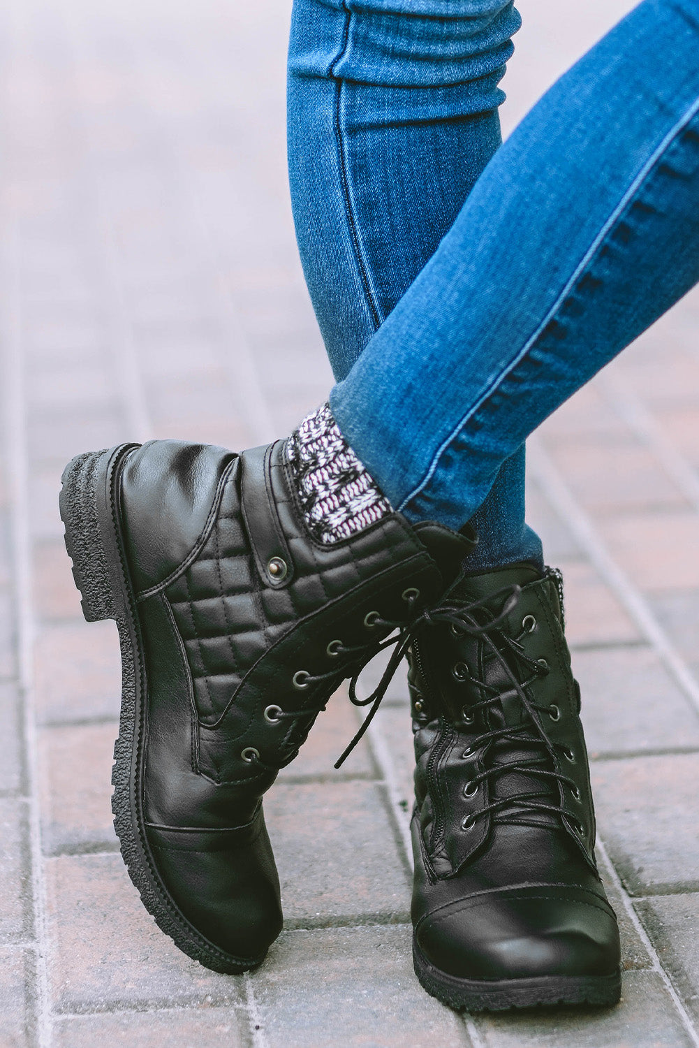 Black Quilted Zipped Lace-up PU Leather Boots