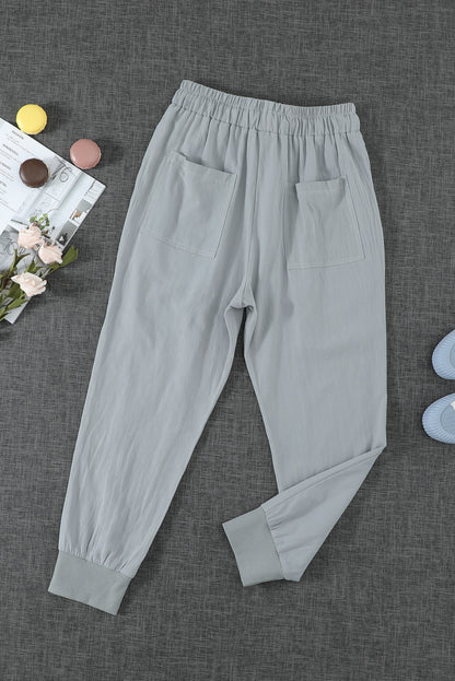 Gray Causal Pockets Elastic Waist Drawstring Pants