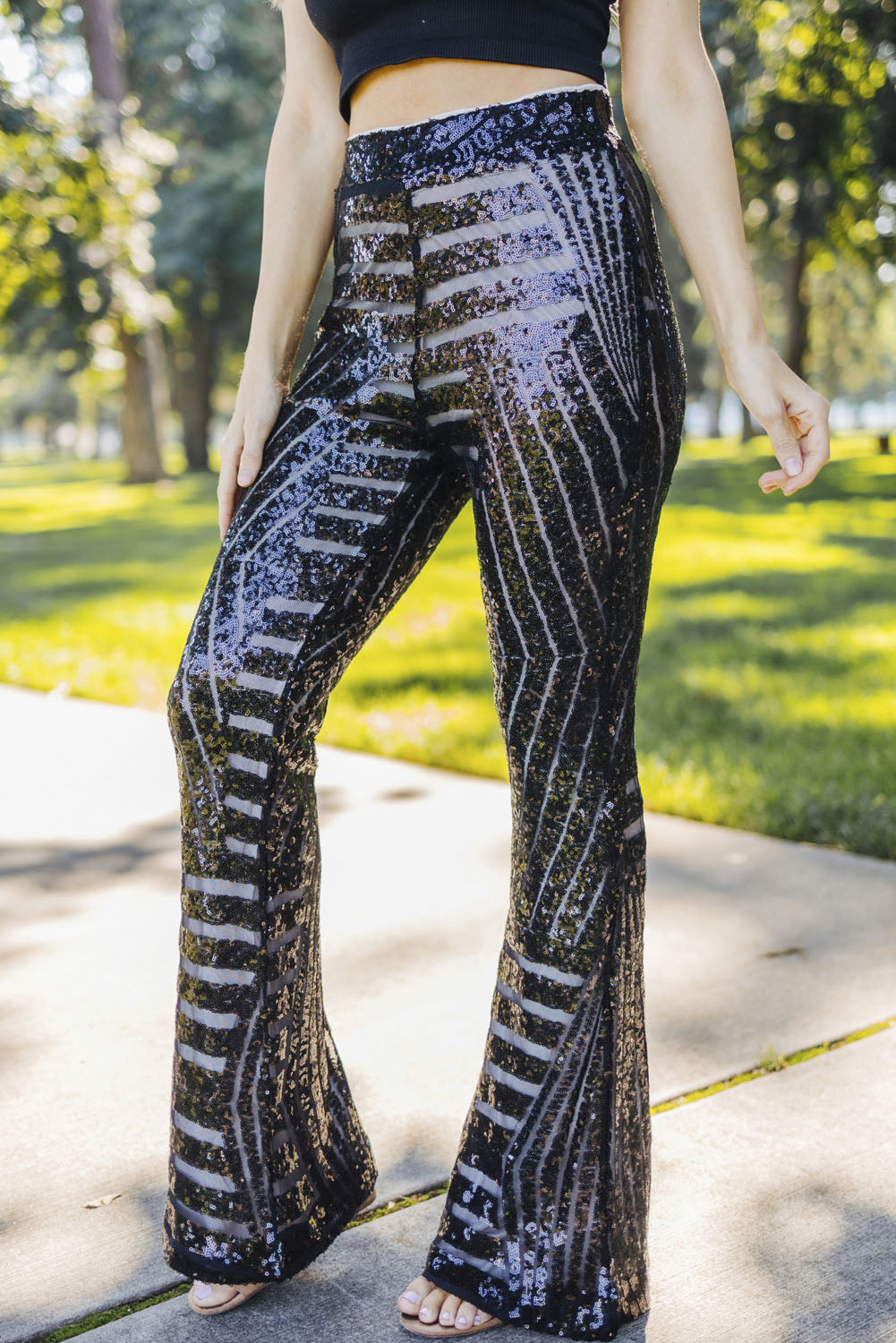 Black Sequins Striped High Waist Flared Pants