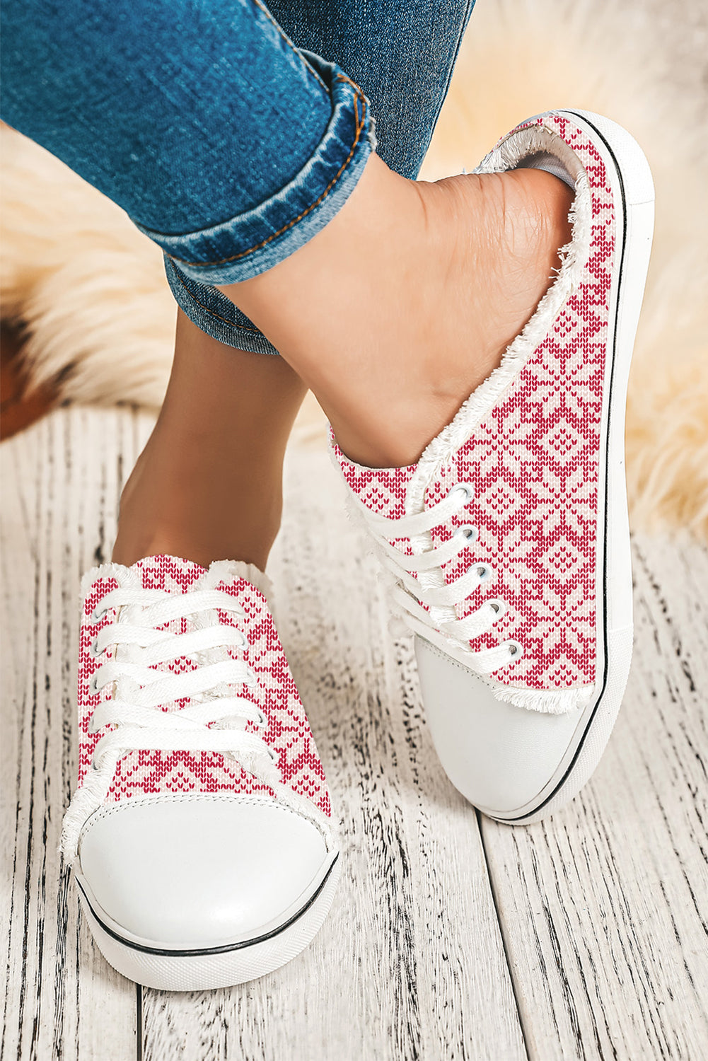 Strawberry Pink Snowflake Printed Frayed Lace Up Slip On Shoes