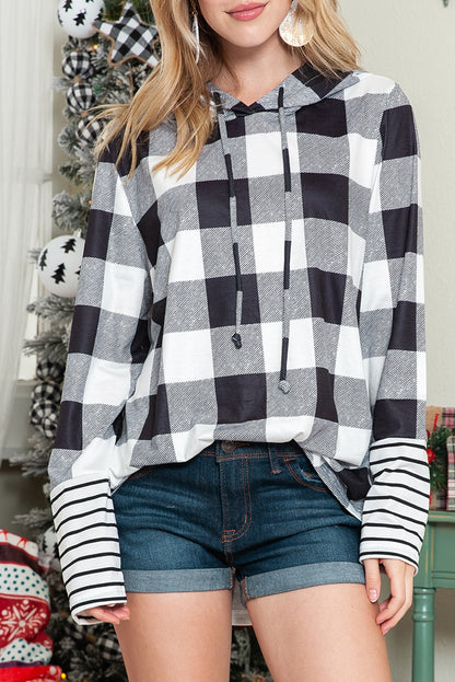 Multicolour Plaid & Striped Patchwork Drawstring Hoodie