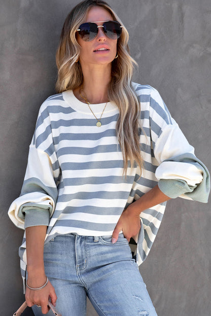 Black Striped Colorblock Drop Shoulder Pullover Sweatshirt