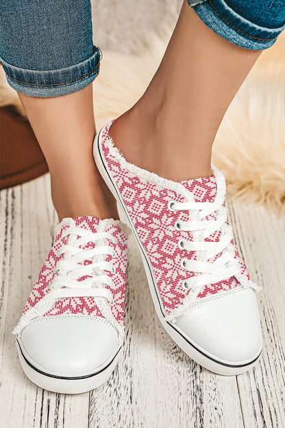 Strawberry Pink Snowflake Printed Frayed Lace Up Slip On Shoes