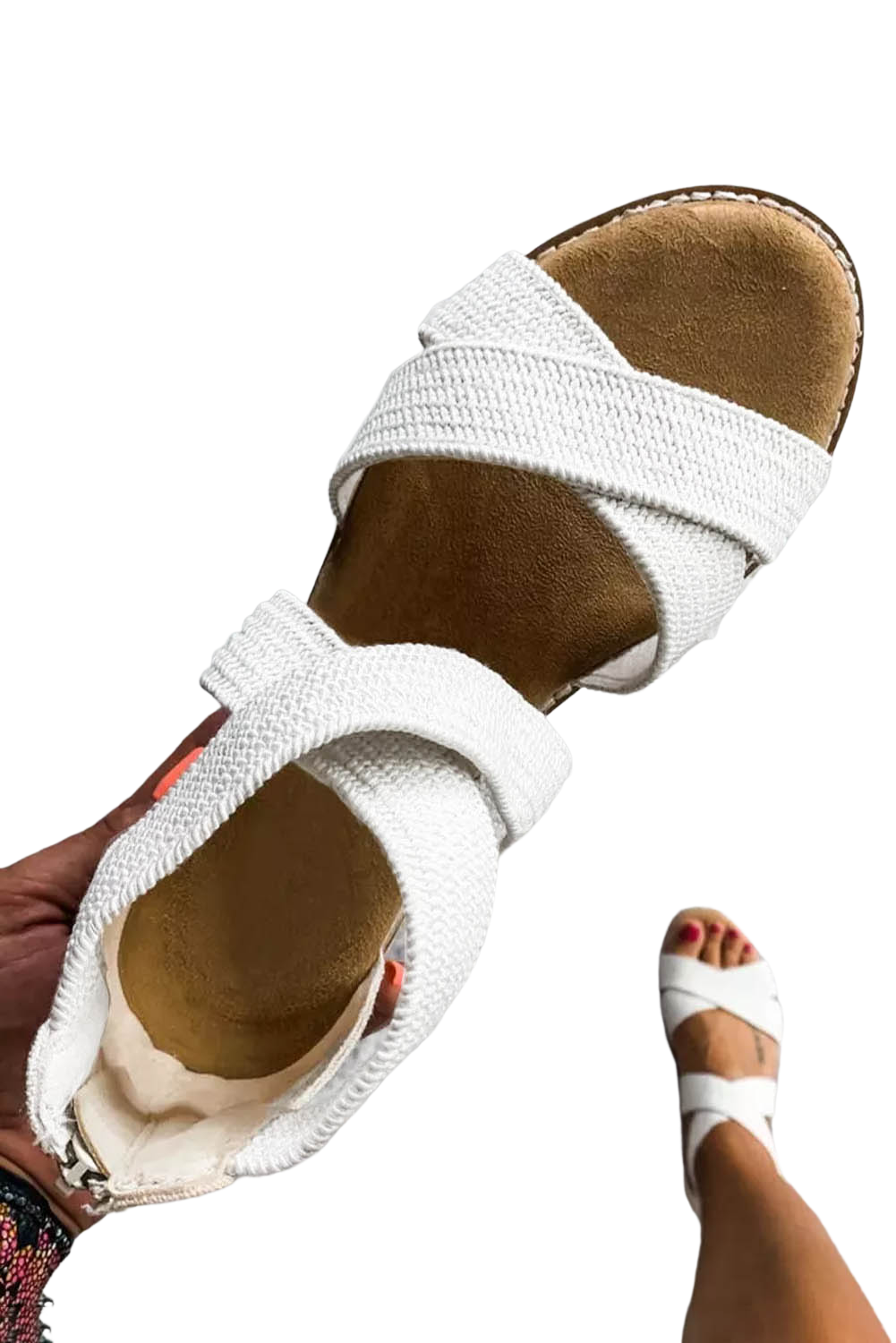 Beige Criss Cross Strappy Zipped Low Wedge Sandals