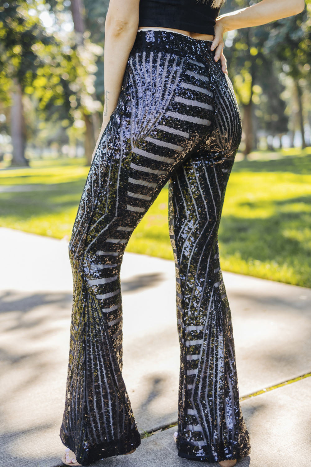 Black Sequins Striped High Waist Flared Pants