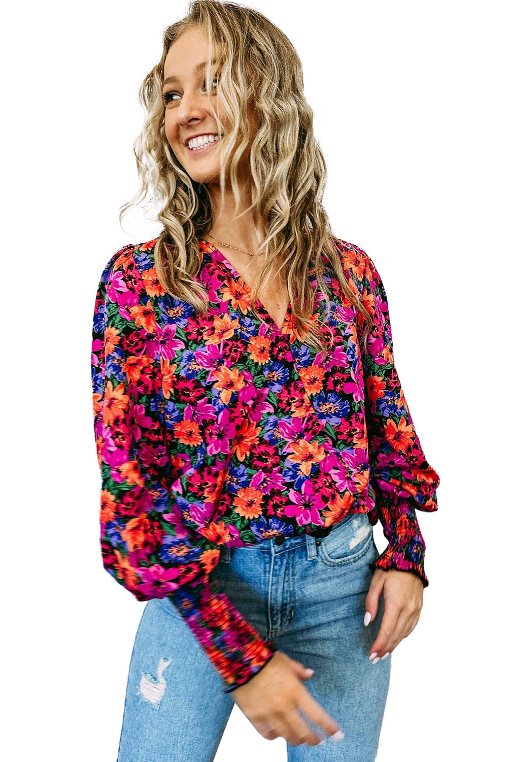 Red Floral Print Wrap V Neck Long Sleeve Bodysuit