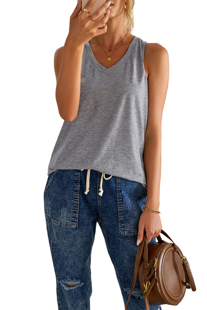 Gray Casual V Neck Racerback Tank Top With Pocket