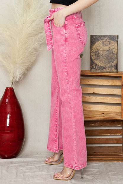 Pink Casual Front Knot High Waist Flare Leg Jeans