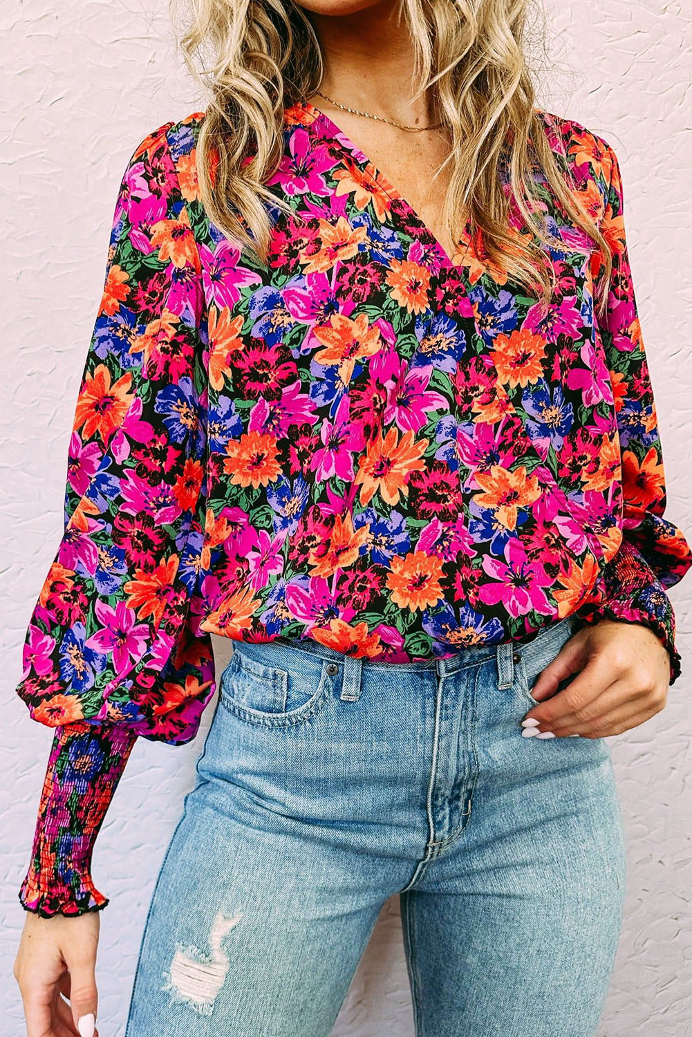 Red Floral Print Wrap V Neck Long Sleeve Bodysuit