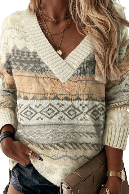 Khaki Geometric Print Ribbed Knitted V Neck Sweater