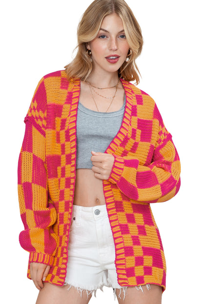 Colorblock Checked Open Front Knitted Cardigan