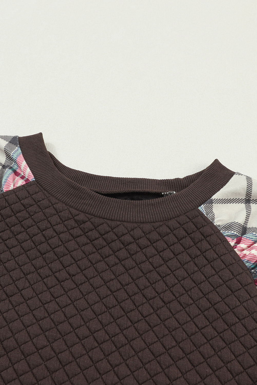 Apricot Plaid Print Quilted Raglan Sleeve Sweatshirt