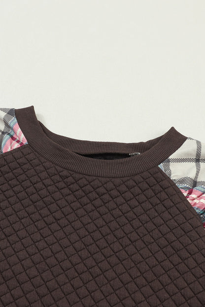 Apricot Plaid Print Quilted Raglan Sleeve Sweatshirt