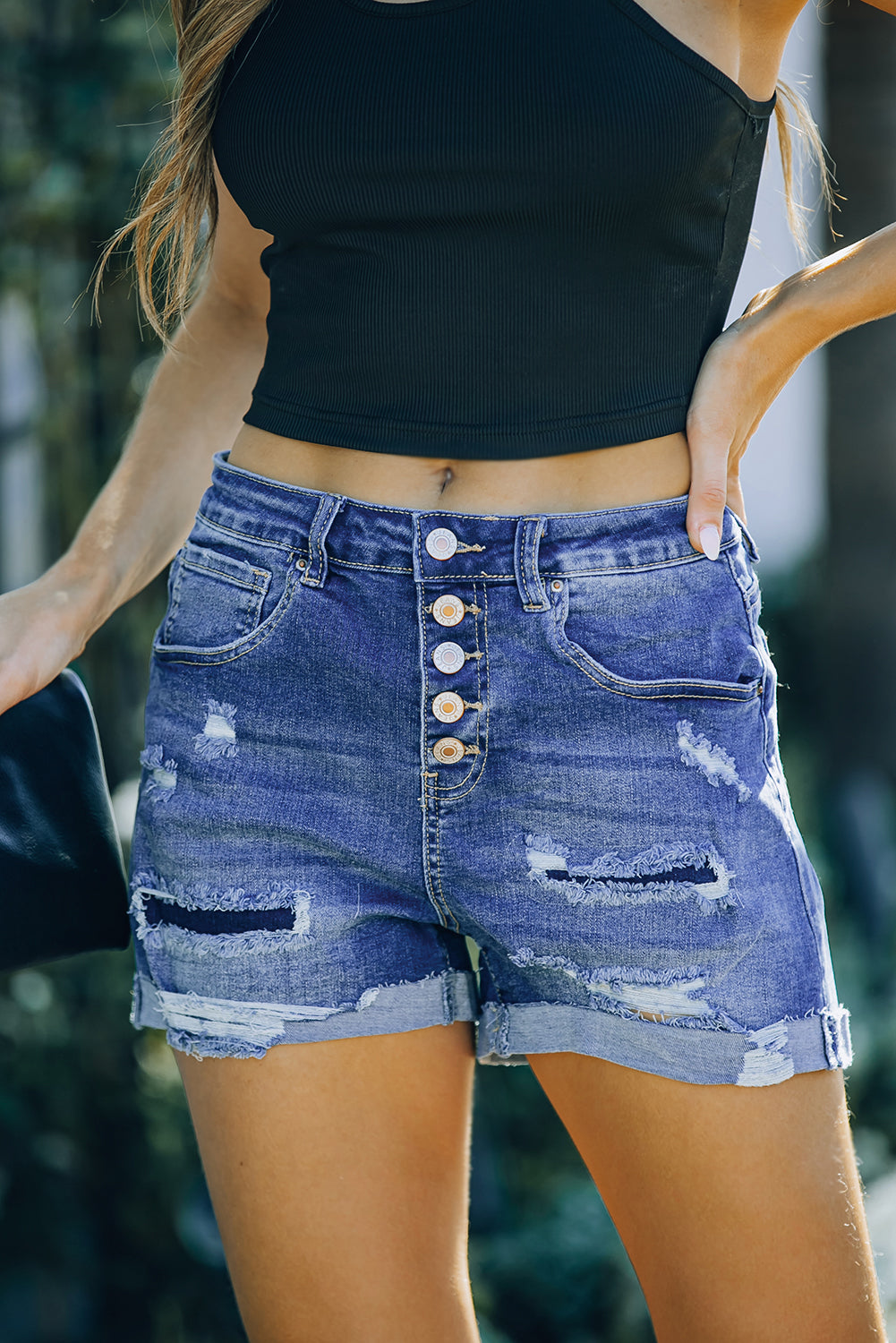 Blue Casual Button Fly Distressed High Waisted Denim Shorts