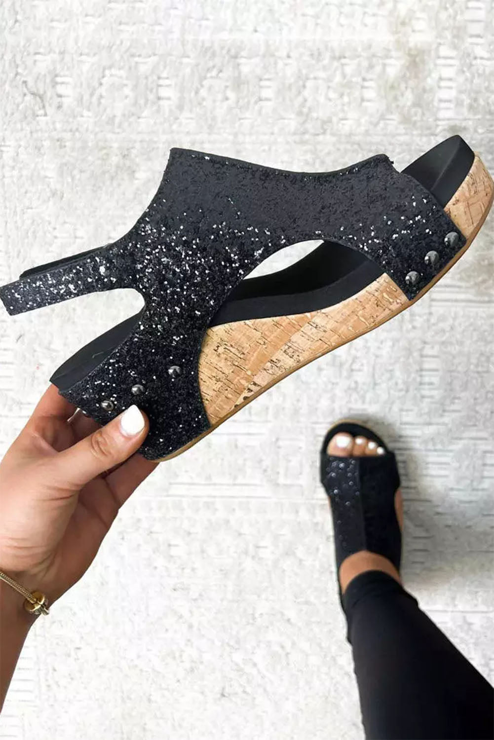 Black Buckle Hollow Out Sequin Wedge Sandals