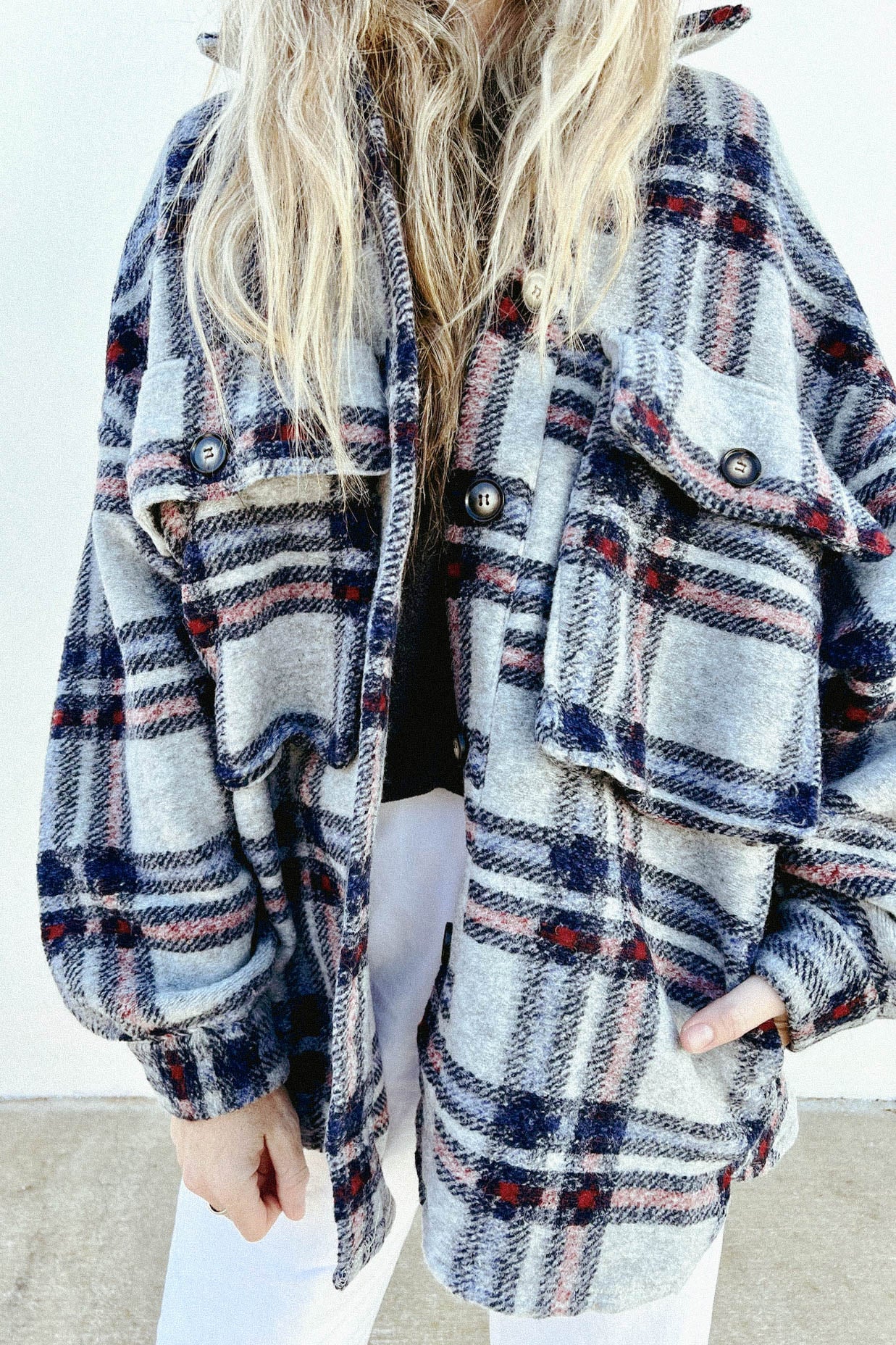 Winter Women Coat Thickened Plush Loose Multi-Pocket Collared Plaid Jacket
