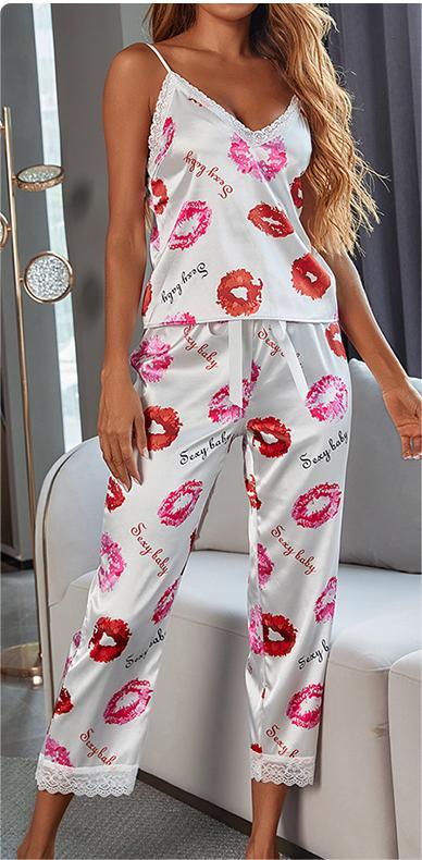 Summer Sexy Pajamas Set Sling Lace Satin Artificial Silk Trousers Home Wear