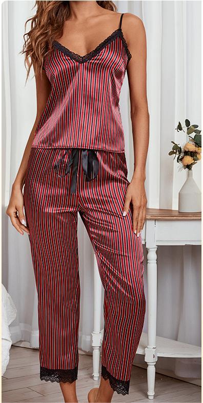 Summer Sexy Pajamas Set Sling Lace Satin Artificial Silk Trousers Home Wear