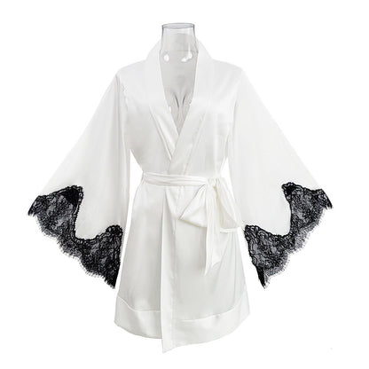 Summer Long Sexy Seduction Pajamas Women Cardigan Lace Bell Sleeve White Nightgown Satin Bathrobe