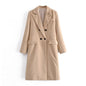 Autumn Winter Women Khaki Long Double Breasted Design Collared Long Sleeve Drape Woolen Coat