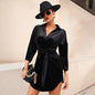 Autumn Winter Women Clothing Office Collared Long Sleeve Tied Tight Waist Sheath Velvet Dress