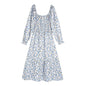 Early Spring Women Clothing Elastic Waist Square Collar Wild Blue Floral Dress