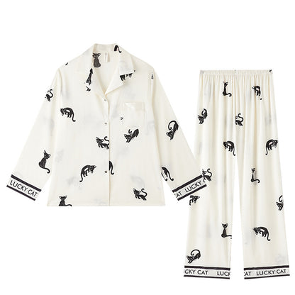 Autumn Long Sleeve Pajamas Herringbone Thread Ice Silk Pajamas Women Summer Cat Homewear Can Be Worn outside