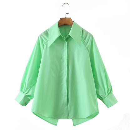 Summer Women Clothing Collared Long Sleeve Loose Solid Color Shirt Women