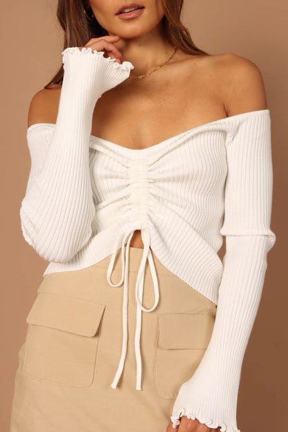 Autumn Winter Women Knitted Sunken Stripe Long Sleeve Lace up Sexy Shoulder Baring Sweater