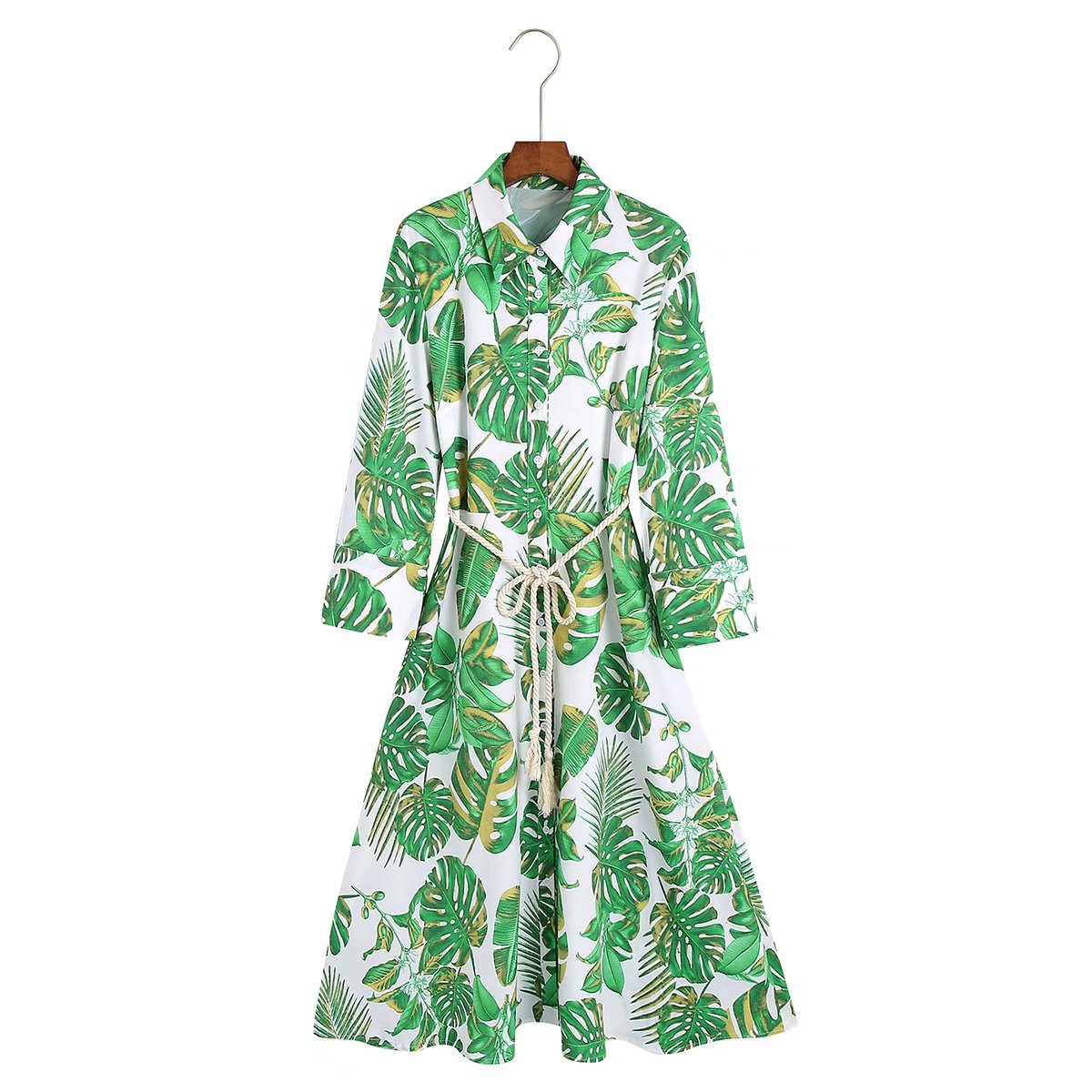 Autumn Collared Tied Tight Waist Tropical Printed Long Sleeve Dress