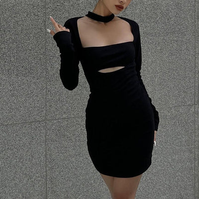 Autumn Solid Color round Neck Halter Pullover Long Sleeve Hollow Out Cutout out Women Clothing Dress for Women