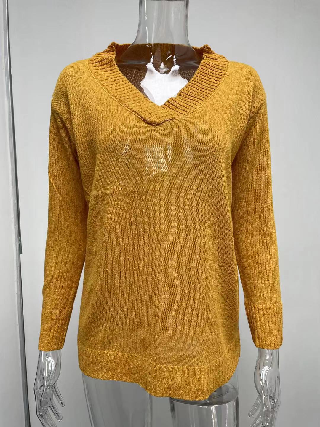 Women Autumn Winter Solid Color Sweater Women V neck Long Sleeve Pullover Sweater Top