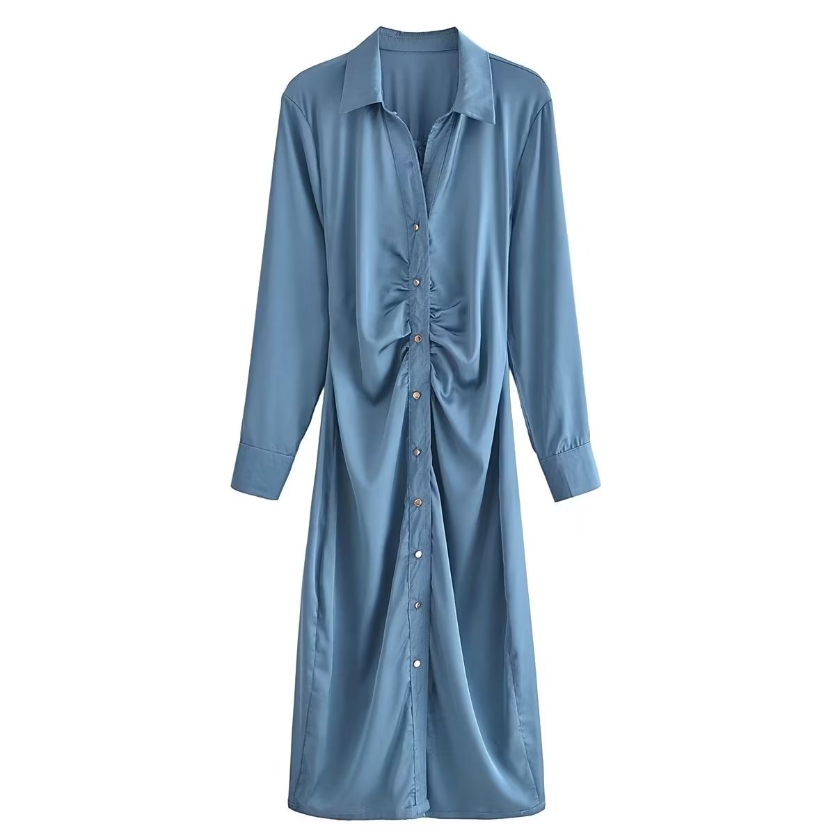 Women Clothing Summer Pleated Decorative Silk Satin Textured Shirt Dress